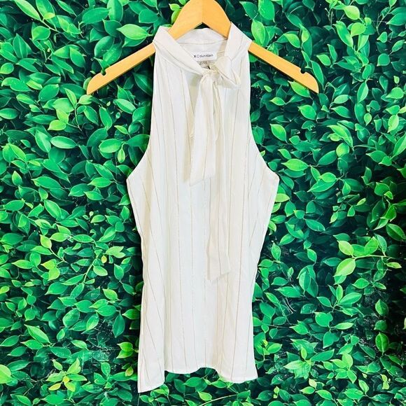 Calvin Klein Metallic Stripe Tie-Neck Halter Top White Size Small - Picture 2 of 11